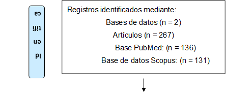 Registros identificados mediante: 
Bases de datos (n = 2)
Artículos (n = 267)
Base PubMed: (n = 136) 
Base de datos Scopus: (n = 131)

,       Identificación
