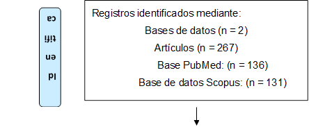 Registros identificados mediante: 
Bases de datos (n = 2)
Artículos (n = 267)
Base PubMed: (n = 136) 
Base de datos Scopus: (n = 131)

,       Identificación