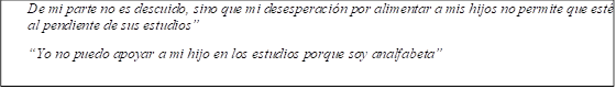 De mi parte no es descuido, sino que mi desesperación por alimentar a mis hijos no permite que esté al pendiente de sus estudios”
“Yo no puedo apoyar a mi hijo en los estudios porque soy analfabeta”
