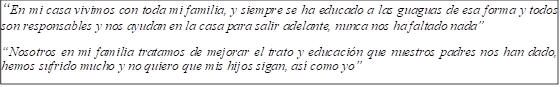 “En mi casa vivimos con toda mi familia, y siempre se ha educado a las guaguas de esa forma y todos son responsables y nos ayudan en la casa para salir adelante, nunca nos ha faltado nada”
“Nosotros en mi familia tratamos de mejorar el trato y educación que nuestros padres nos han dado, hemos sufrido mucho y no quiero que mis hijos sigan, así como yo”
